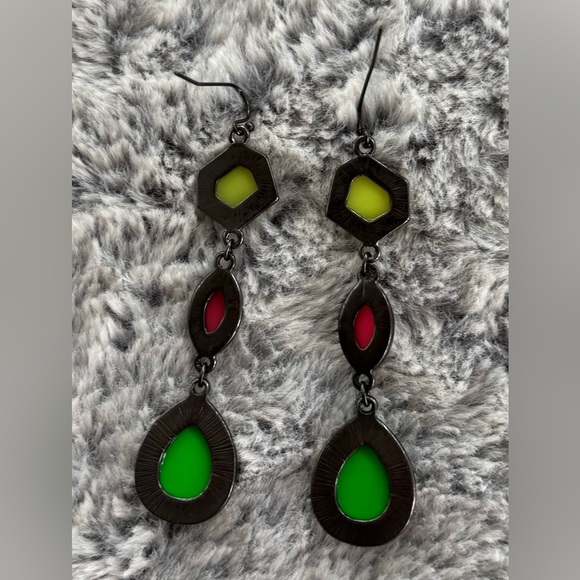 Funky Neon Gunmetal Dangle Earrings 1980’s Glam - Picture 6 of 9